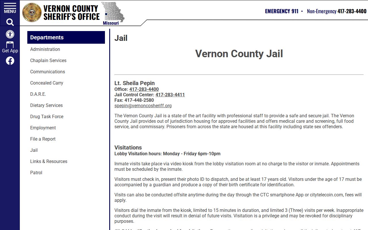 Vernon County Jail page with jail control information