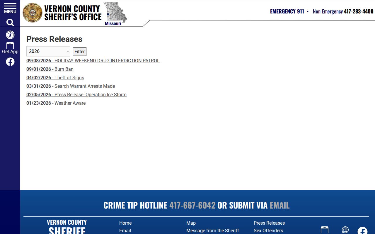 Vernon County sheriff selected arrest and search warrant press releases