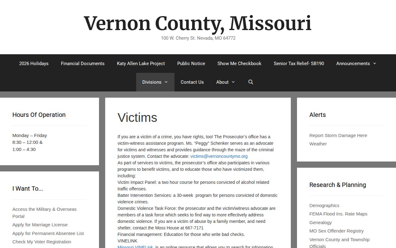 Vernon County victim witness information linking to VINE arrest and custody services