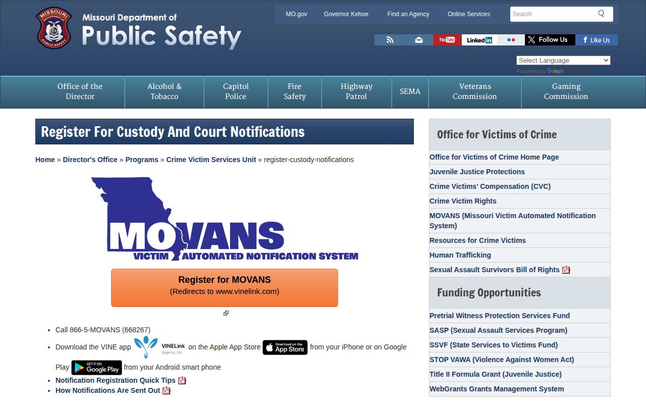 Official Missouri MOVANS registration instructions for Vernon County custody alerts